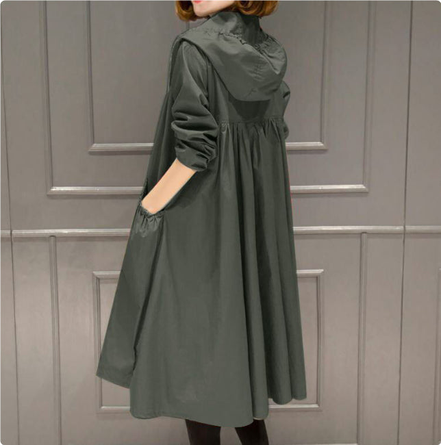 Korean Style Hooded Mid-Length Over-The-Knee Trench Coat