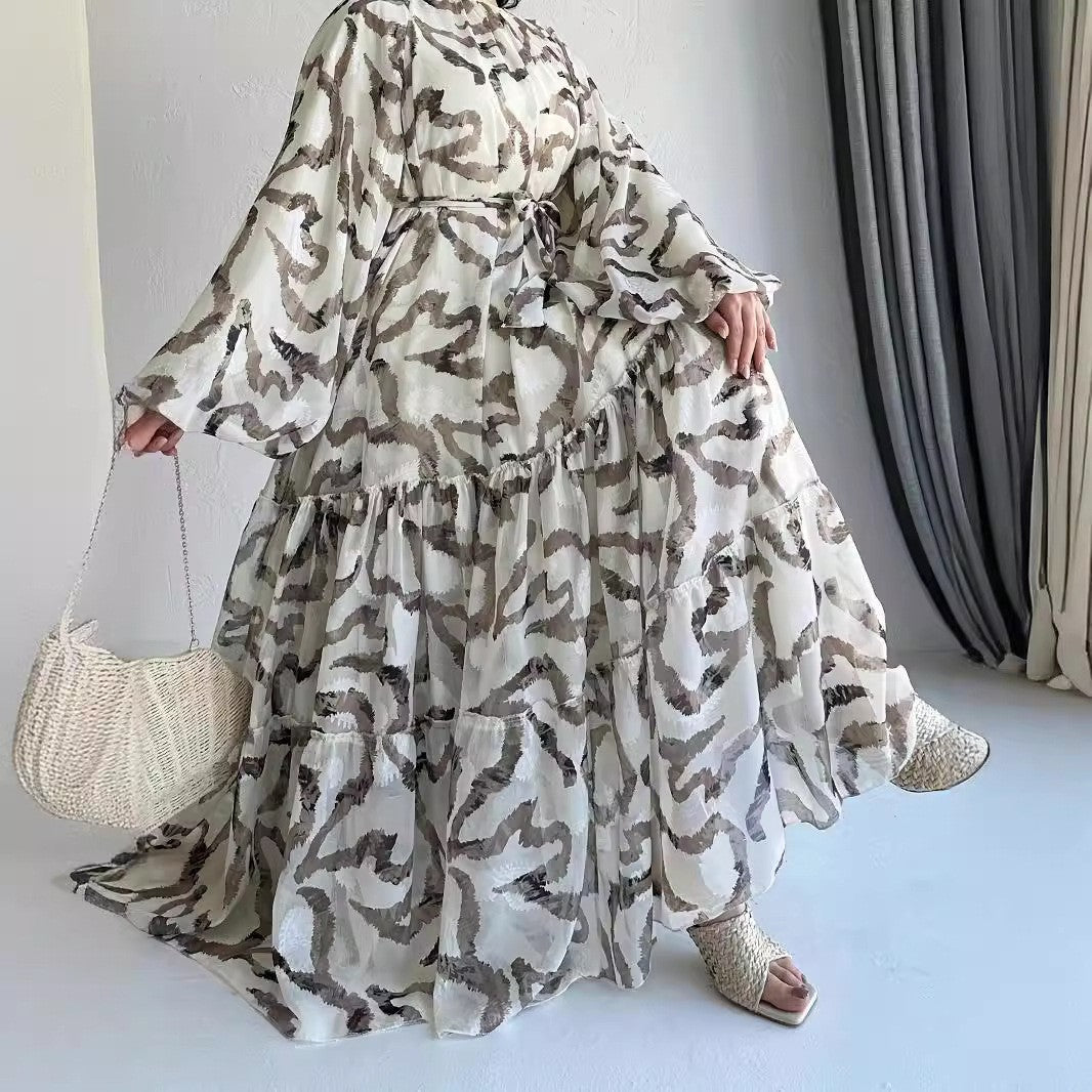 Chiffon Printed Maxi Dress With Beltstylish And Elegant