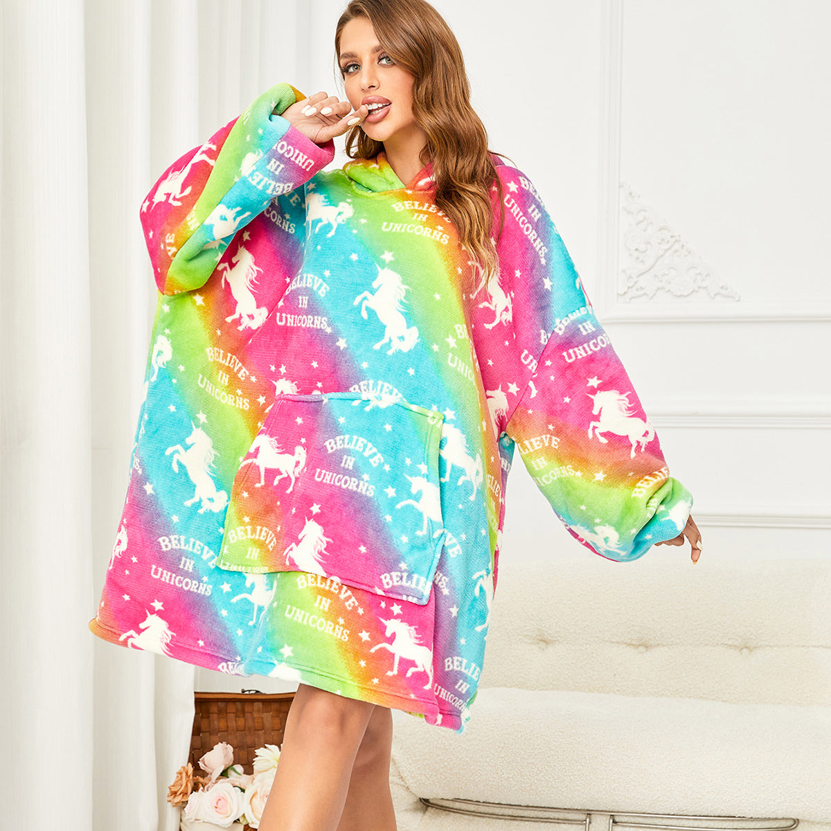 RONGTAI Oversized Wearable Blankets,Soft Plush Printed Sherpa Blanket Sweatshirt With Pockets,One Size Fits All