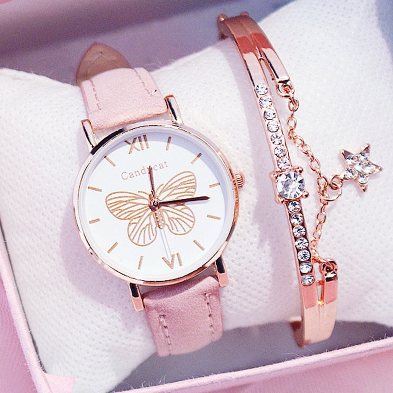 Ladies Fashion Trend Wild Butterfly Dial Belt Quartz Watch