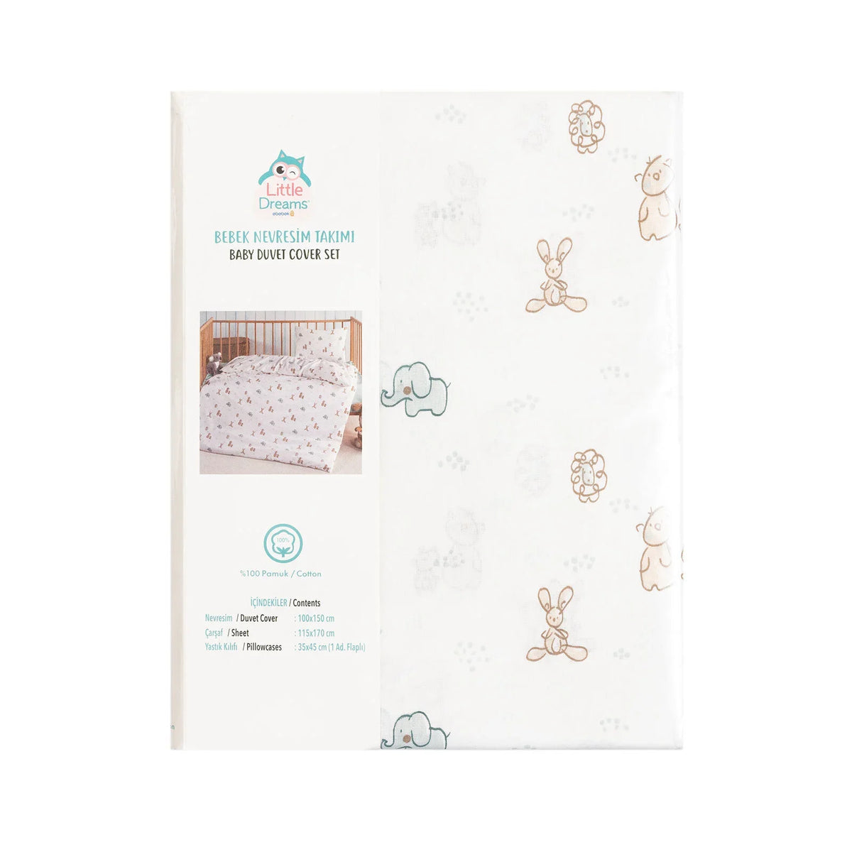 Little Dreams Cute Animals Print Baby Duvet Cover Set (100 x 150 cm)