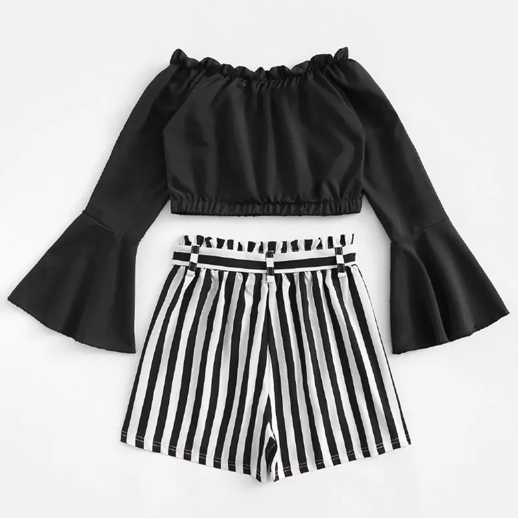 Two Piece Set Slash Neck Crop