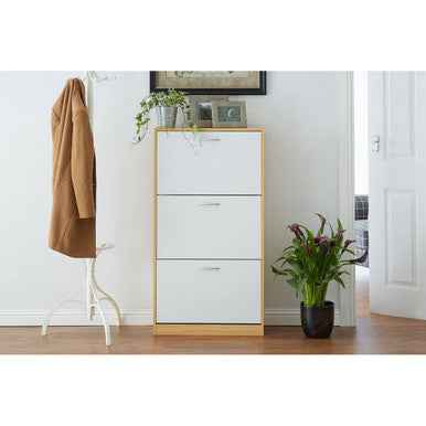 Quinn White And Oak Veneer 3 Drawer Shoe Cupboard