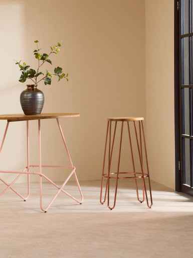 District Rose Gold Finish Wooden Top Bar Stool With Metal Legs