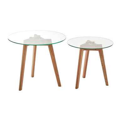 Nostra Set Of Two Glass Top Oak Wood Side Tables