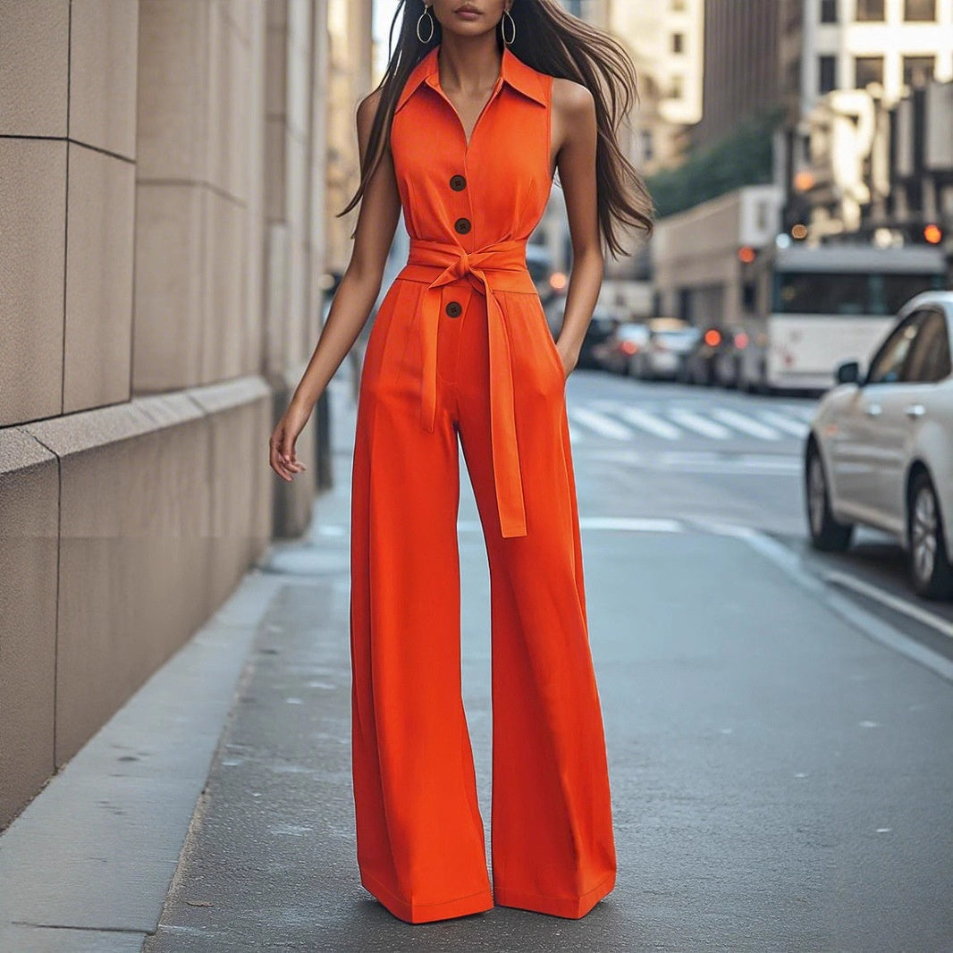 Women's Blouse Collar Solid Color Wide Leg Jumpsuit