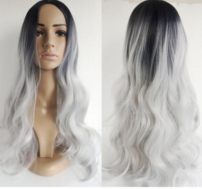 Black silver gray mid-point long curly hair cos fake