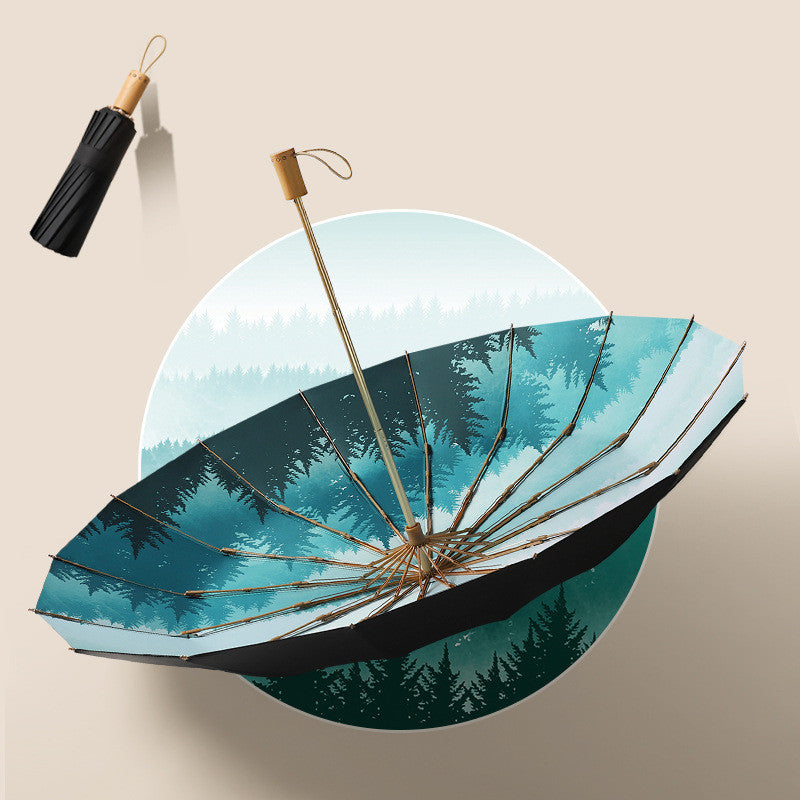 Women's Retro Three-fold, 16-bone Umbrella with Wooden Handle
