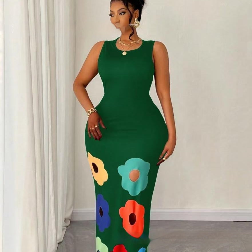 Summer New Fashion Round Neck Sleeveless Printed Hollow Dress Women