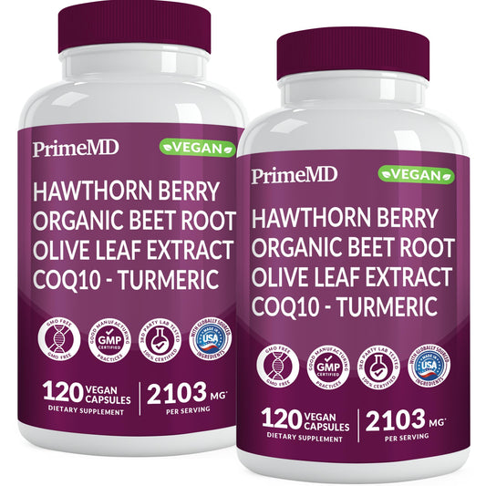 PrimeMD 26-in-1 Nitric Oxide Supplement – Heart & Circulation Support with CoQ10, Beet Root, Hawthorn & Garlic | 2103mg per Serving (120ct x 2)
