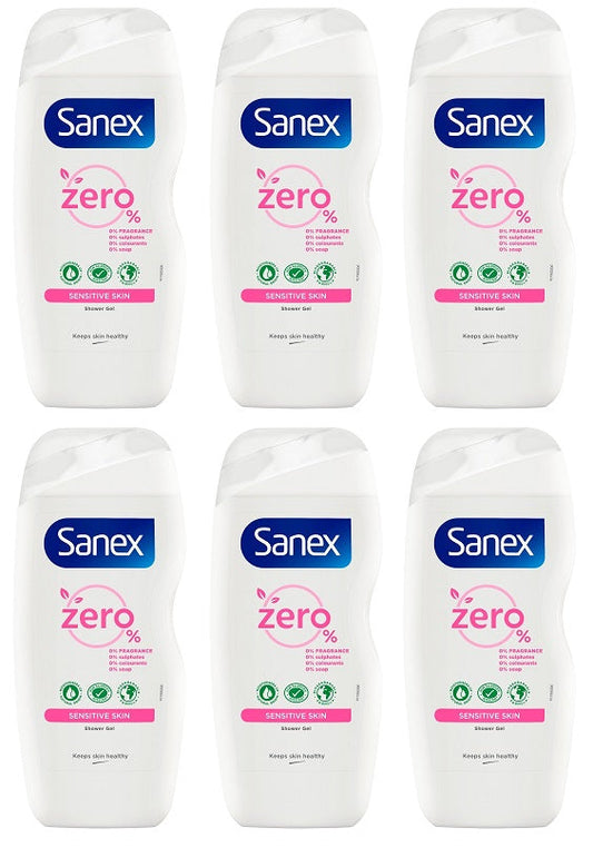 6 x Sanex Zero% Hypoallergenic Sensitive Shower Gel 225Ml