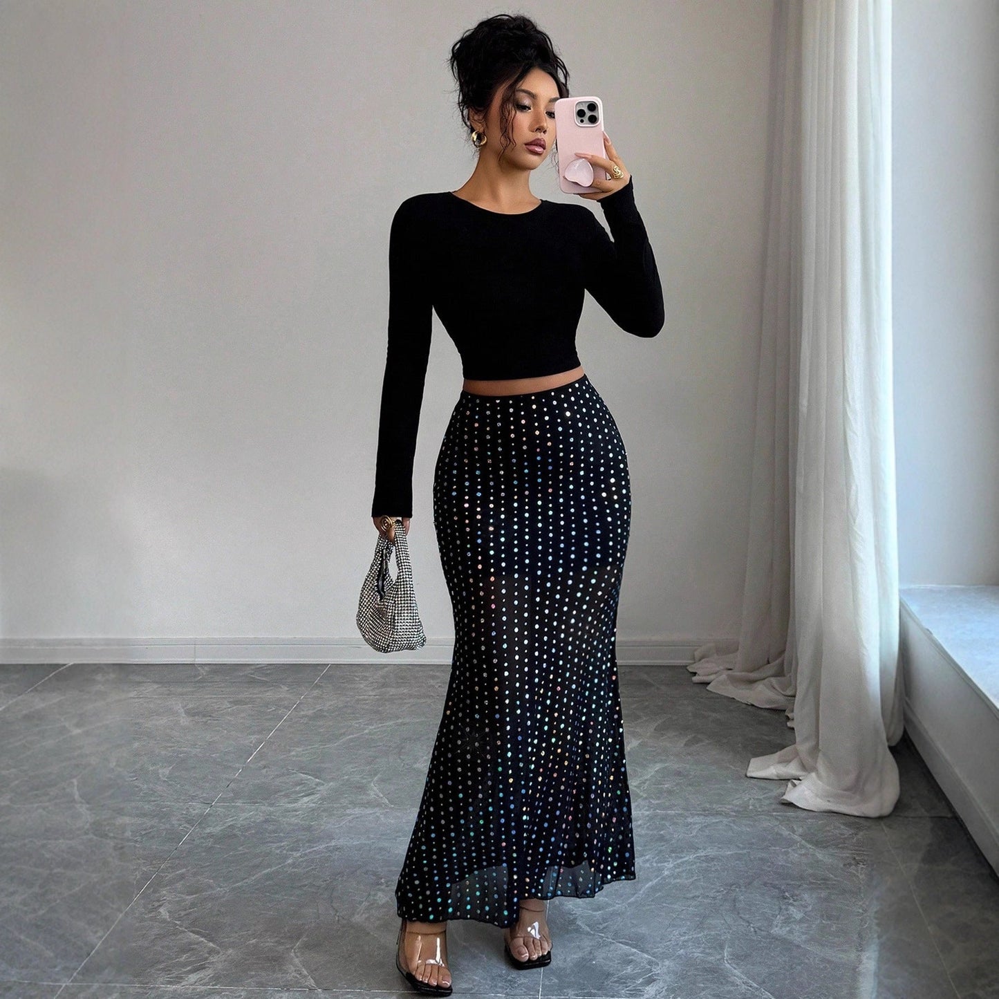 Shimmery Sequin Doublelayer Mesh Highwaist Figurehugging Hipskimming Skirt
