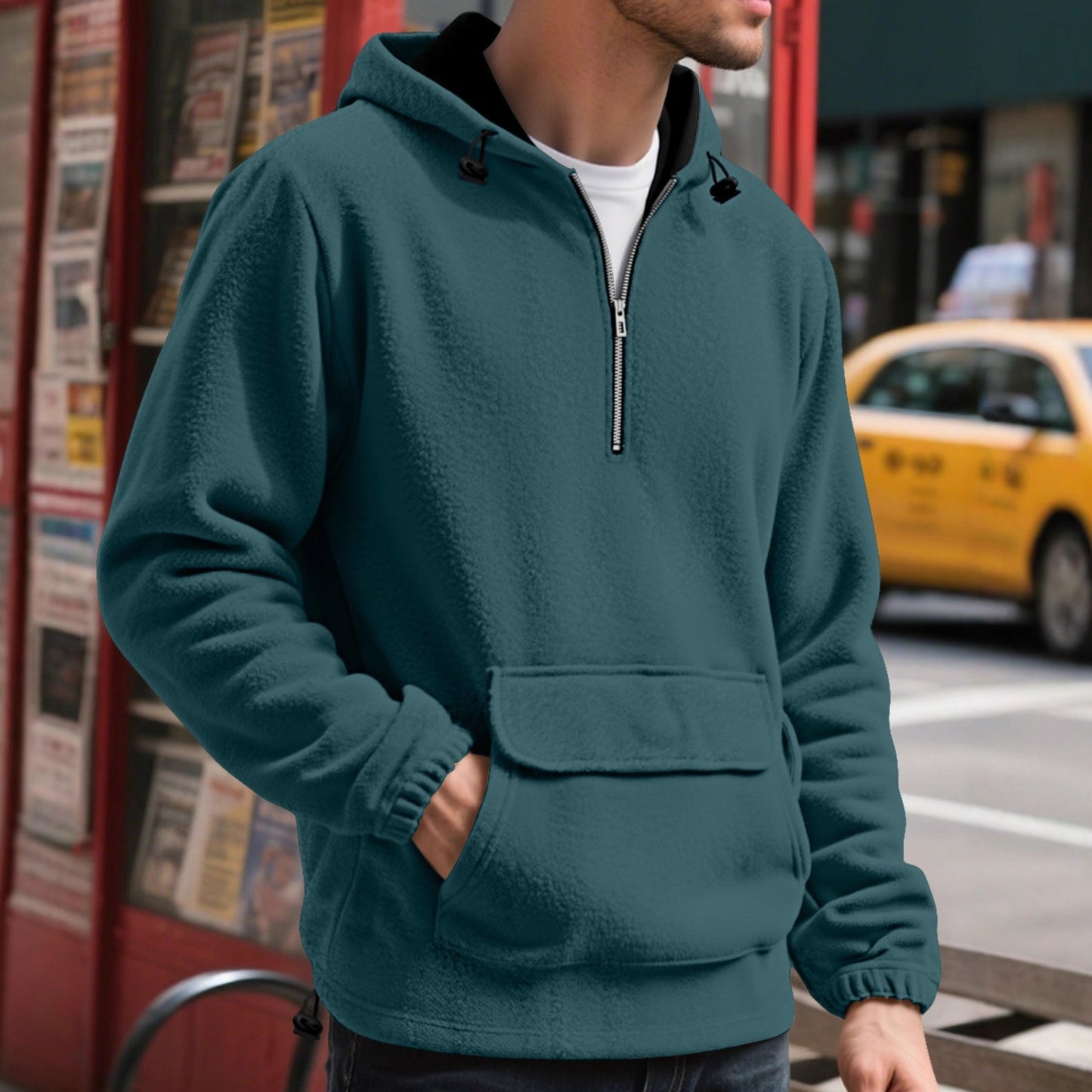 Padded Fleece Sweater Solid Color Half Zip Hooded Work Clothes Pullover