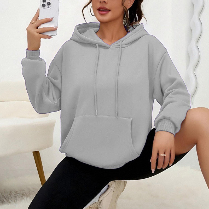 All-matching Loose Drawstring Pocket Sweatshirt Long Sleeve Women