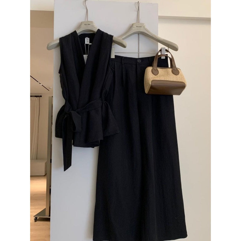 Summer Fashion New Sleeveless Waist-tight Design Lace-up Shirt High Waist Wide Leg Pants Suit