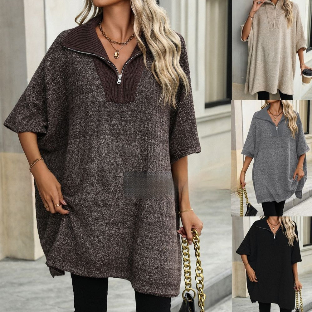 Women's Fashionable Mid-length Zipper And Lapel Sweater