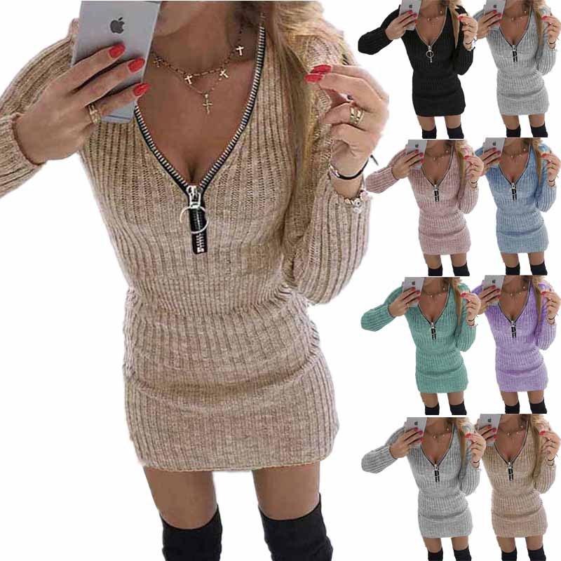 Women's Midi Dresses Autumn Winter New Style Long Sleeve Knitted Wrap Around Waist Zipper Women's Dress