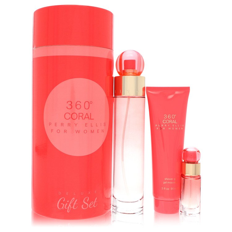 Perry Ellis 360 Coral Gift Set – 3.4 oz (100 ml) Eau de Parfum, 0.25 oz (7 ml) Mini Spray, 3 oz (90 ml) Shower Gel
