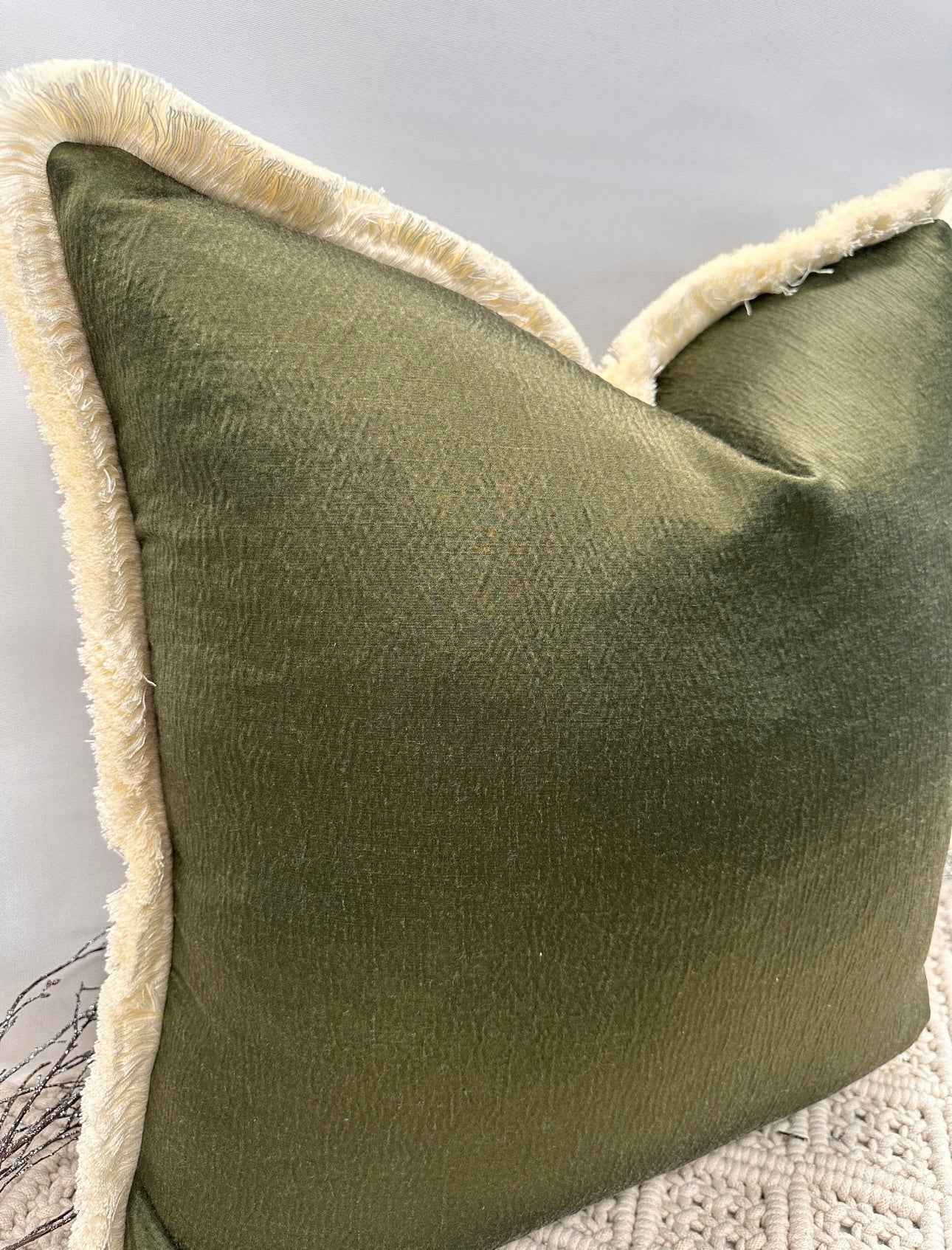 The Couture Cushion - The Everest Green Laurent Fringed In Ivory - Style No. 24