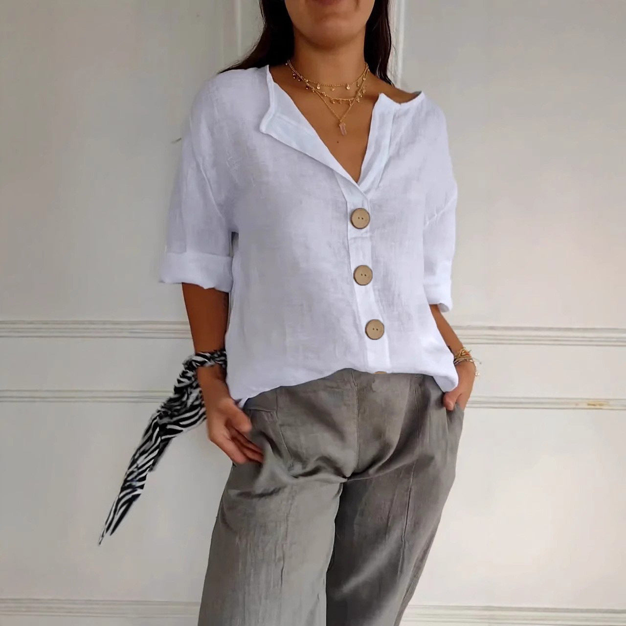 Loose-fit Women's V-neck Cotton-Linen Button T-shirt Top