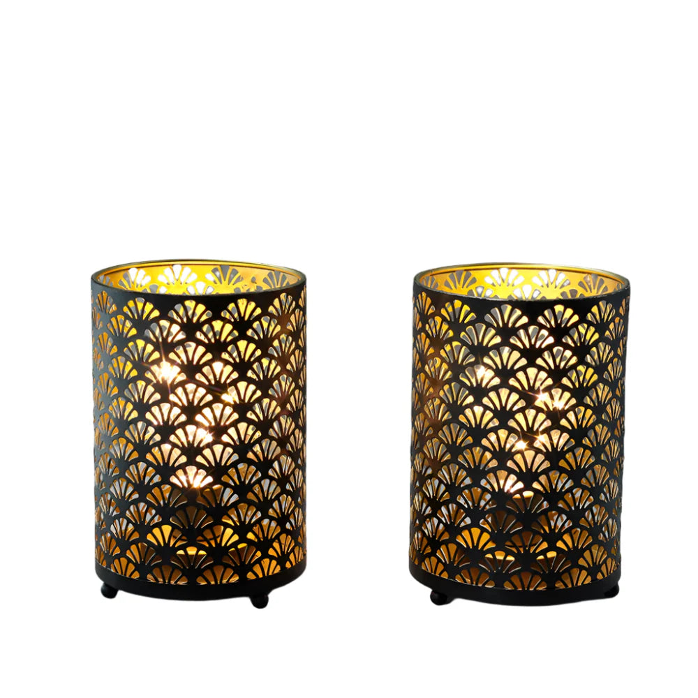 2Pcs Black Metal Table Lamp LED Lantern Battery Powered Lights Cordless