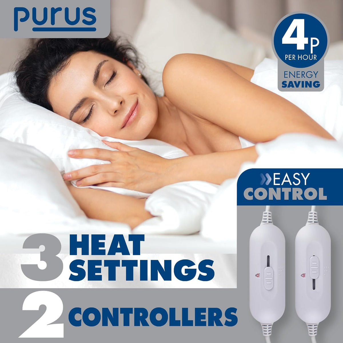 Electric Blanket Double 193x137cm 3 Heat Settings Soft Polyester Purus