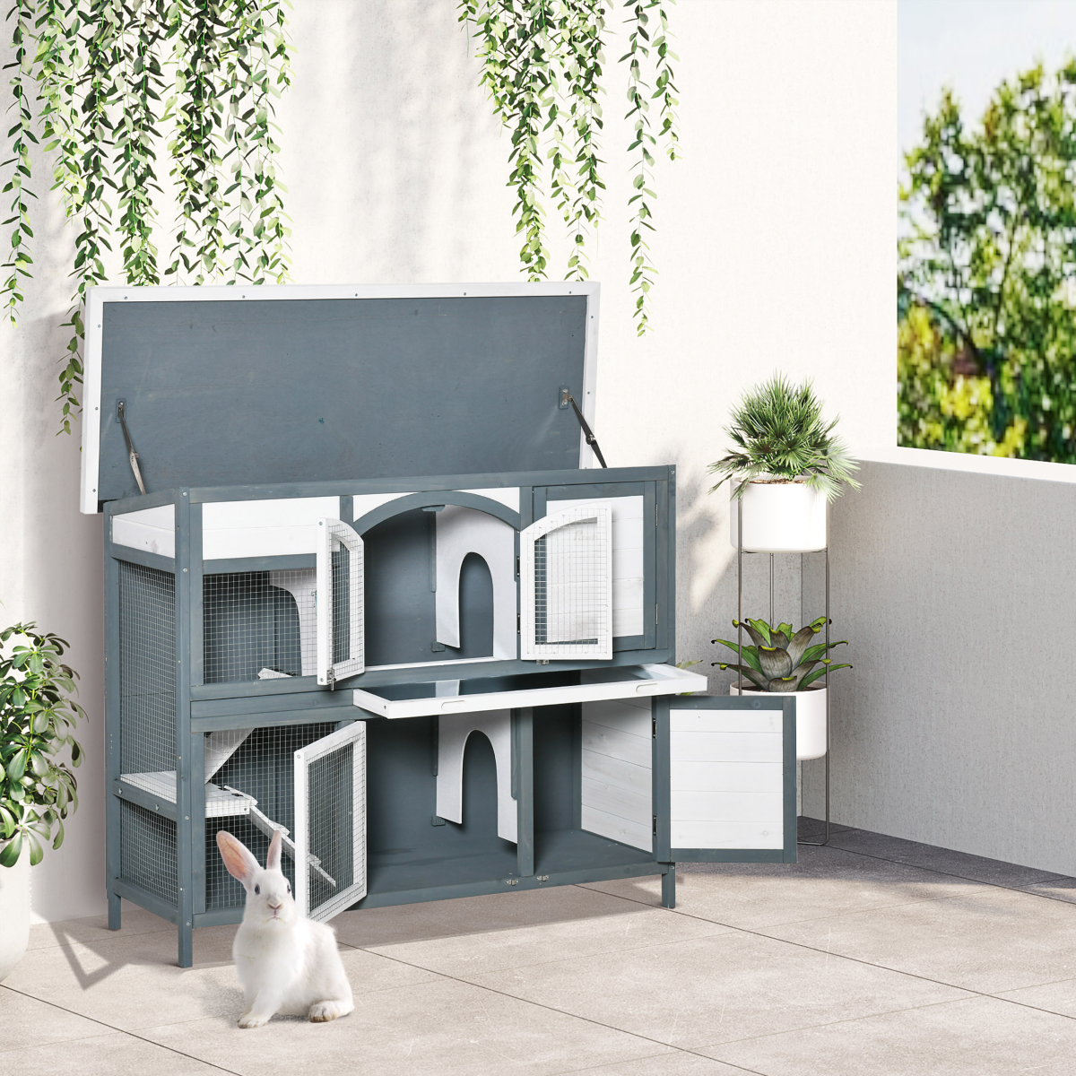 Two-Tier Wooden Rabbit Hutch Bunny Run w/ Openable Roof, Slide-Out Tray, Ramp