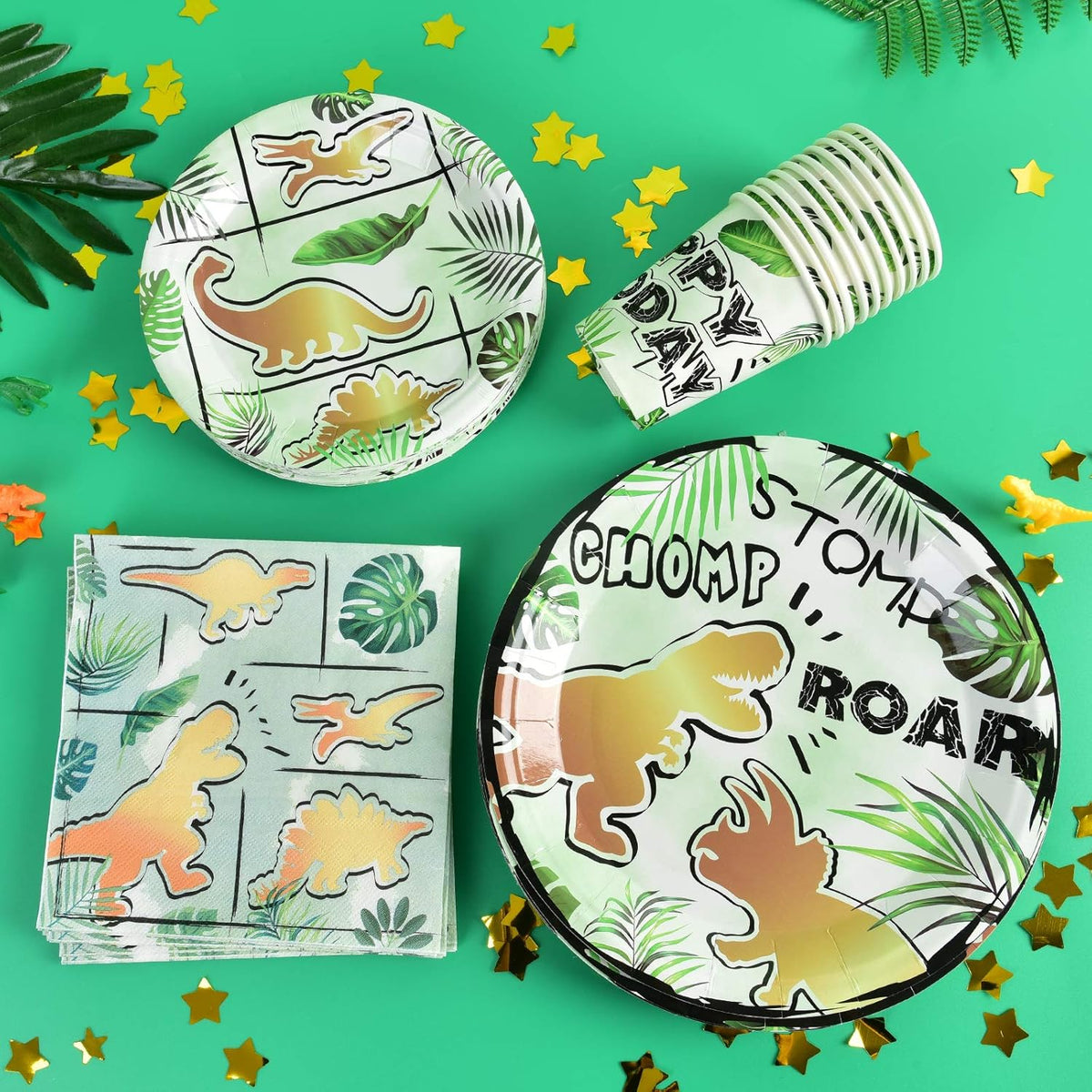 Party Tableware Set for Kids 16 Guests 66pcs Birthday Decorations Gold Dinosaur