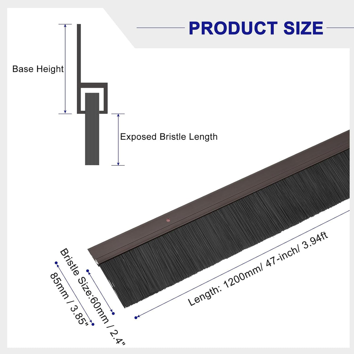 Door Brush Bottom Sweep 2pcs 60mm PP Brush H Shape 1200mm Brown Aluminum