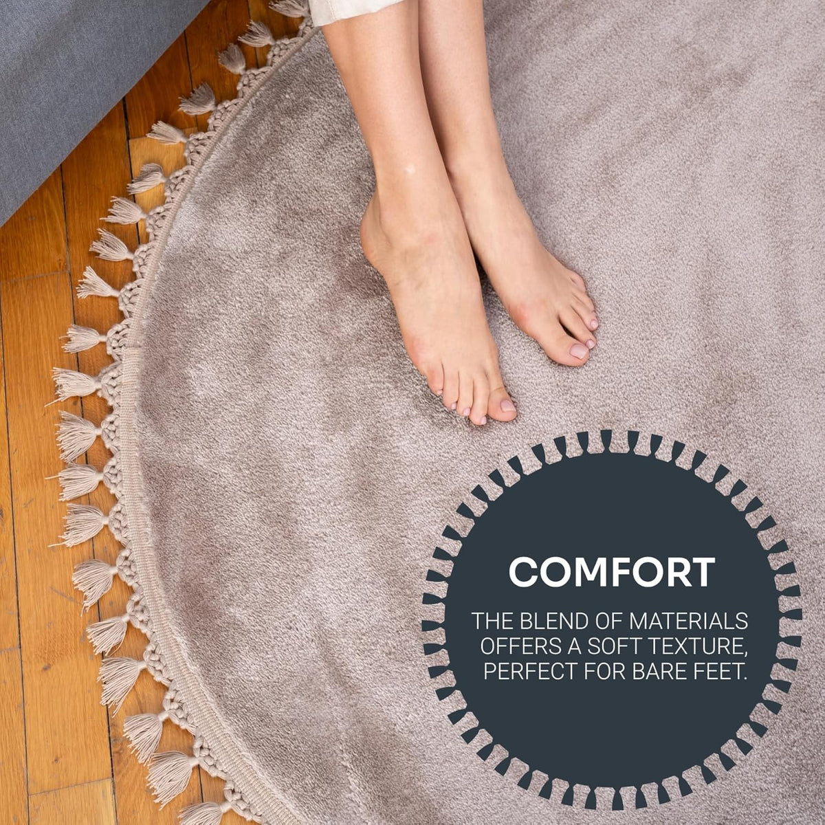 Circular Bedroom Rug Soft & Cozy 120cm - Fluffy, Anti-Slip, Beige