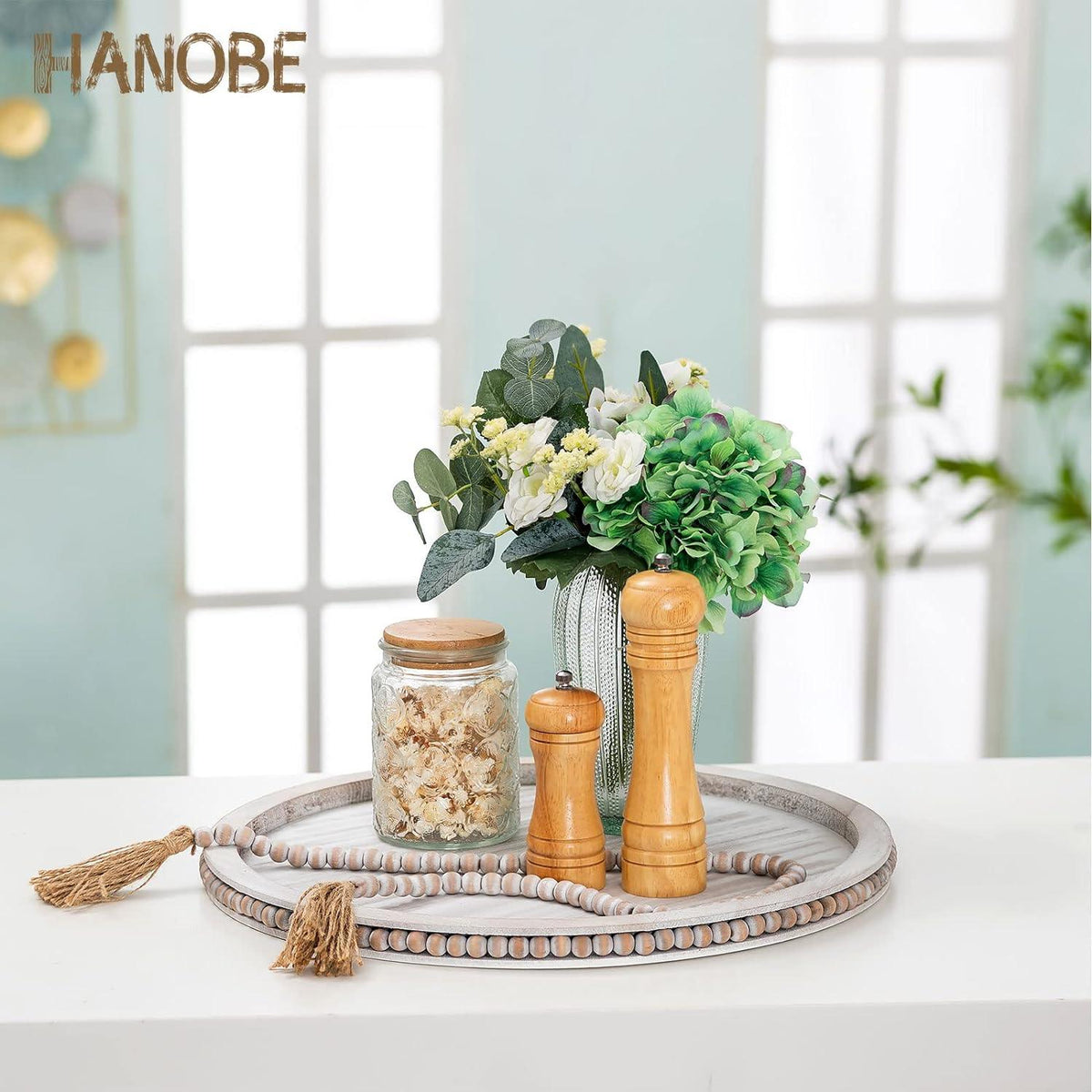 Round Decorative Wooden Tray 18 Inch Beaded Centerpiece Coffee Tray Boho HANOBE