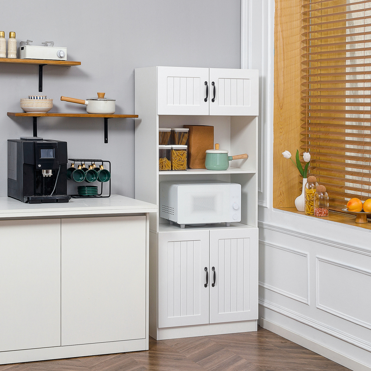 Kitchen Storage Cabinet, Cupborad with 5-tier Shelving 4 Doors, White