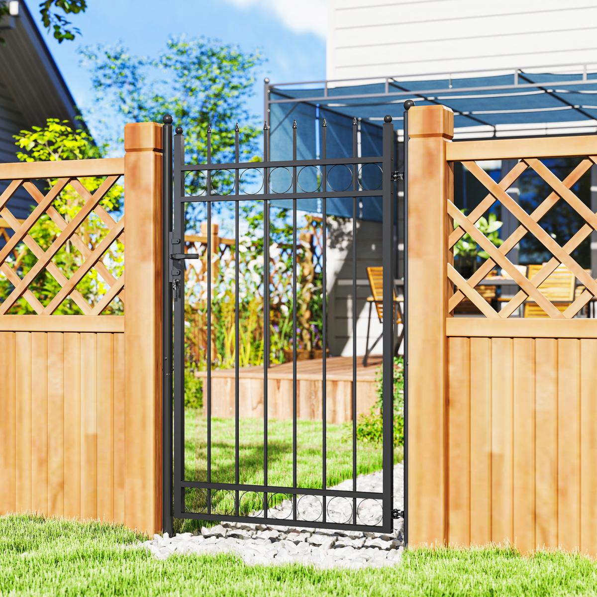 Outsunny Galvanised Steel Garden Fence Gate Security Barrier with Lock, Keys
