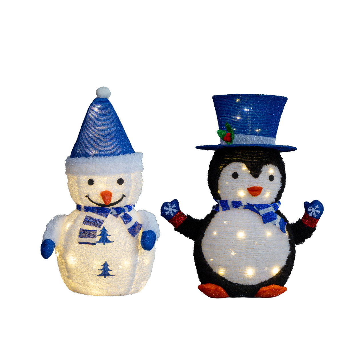 Set of 2 Lighted Plush Penguin and Snowman Christmas Decorations, Pre-lit Pull Up Holiday Decor with 100 Warm White LED Lights for Xmas Outdoor Indoor Decor Lighted Holiday Displays
