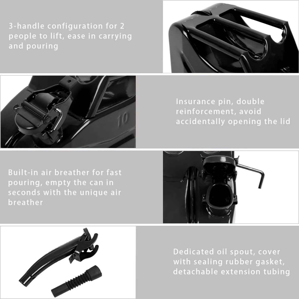 1PC 10L Black Iron Oil Can with 0.8mm Spout, Heavy-Duty Metal Lubricant Dispenser