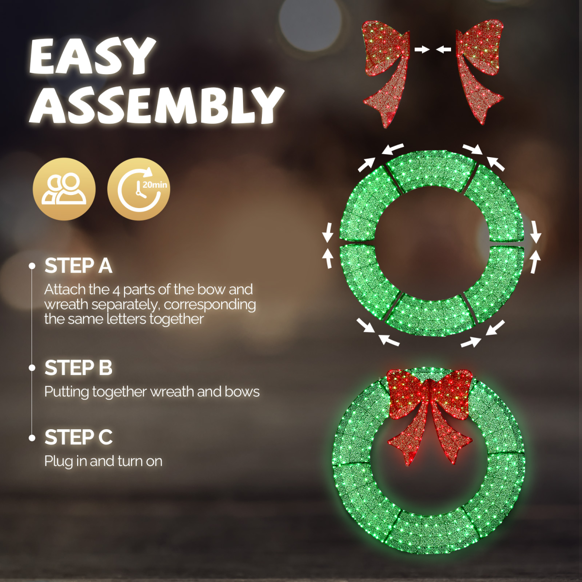 120cm Pre-lit Outdoor Christmas Wreath Decoration, Lighted Metal Wreath with Red Bow, Remote Control LED Lights with Timer, for Front Door Gate Wall Indoor Outdoor Holiday Party, Green
