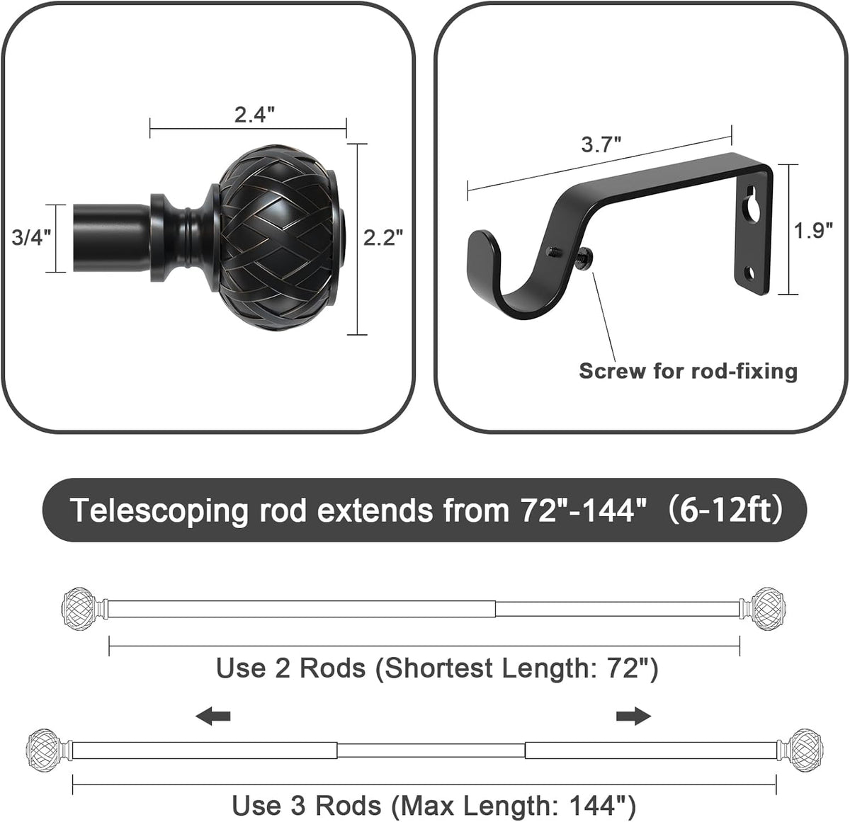 3pcs SZXIMU Curtain Pole 182-365cm (72-144''), Extendable, Netted Finials, Black