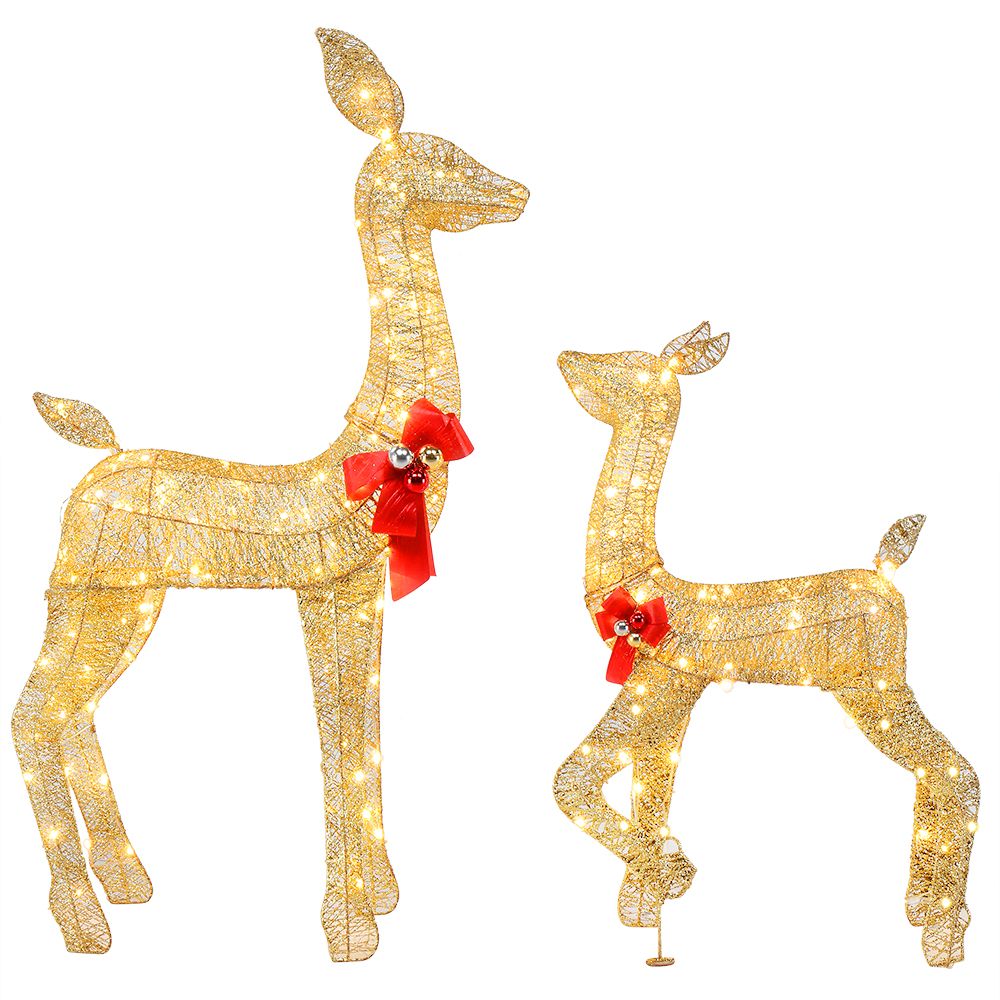 2-Piece Lighted Christmas Deer Family, Outdoor Yard Decoration Set with 210 LEDs Warm White Light, Gold