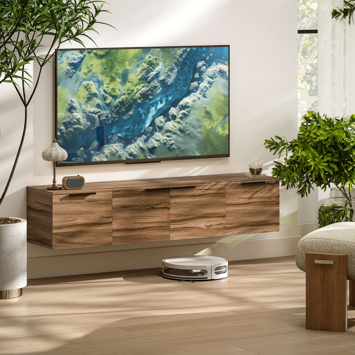HOMCOM Floating TV Stand Cabinet with Shelves and Doors, Rustic Brown