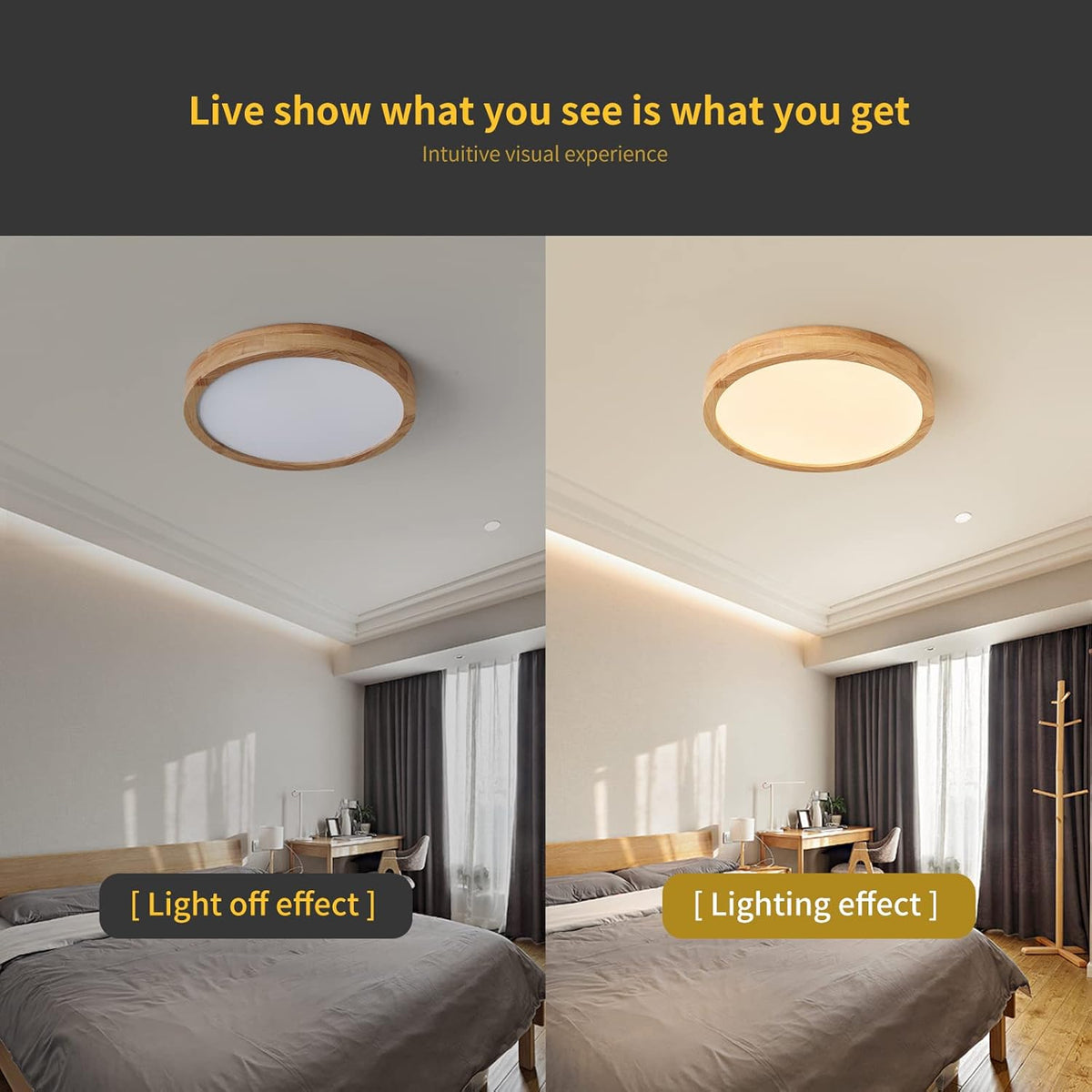 Schindora Wooden LED Ceiling Light, 20W Ø30cm Warm White for Home Rooms