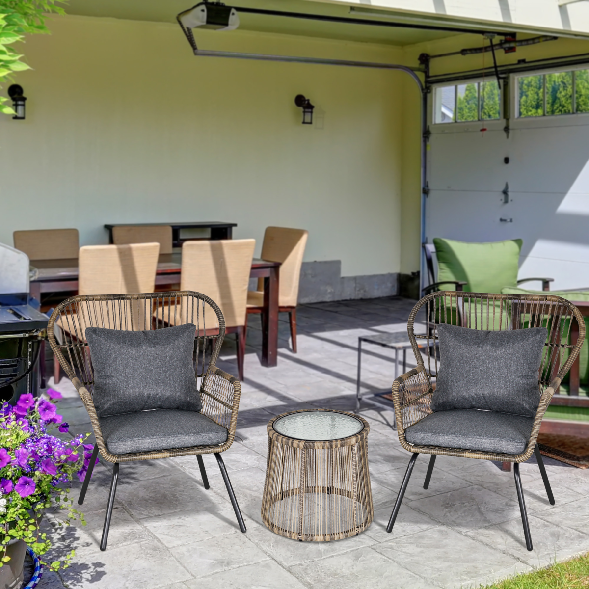 3 PCS Webbed PE Rattan Outdoor Patio Set w/ Cushions Steel Frame Grey Outsunny