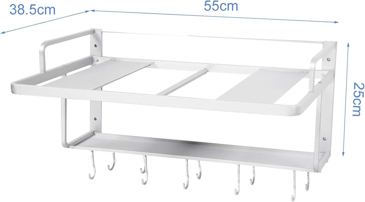 Wall Mounted Microwave Rack – 2-Tier Aluminum Shelf with Guard Rail 21.6in