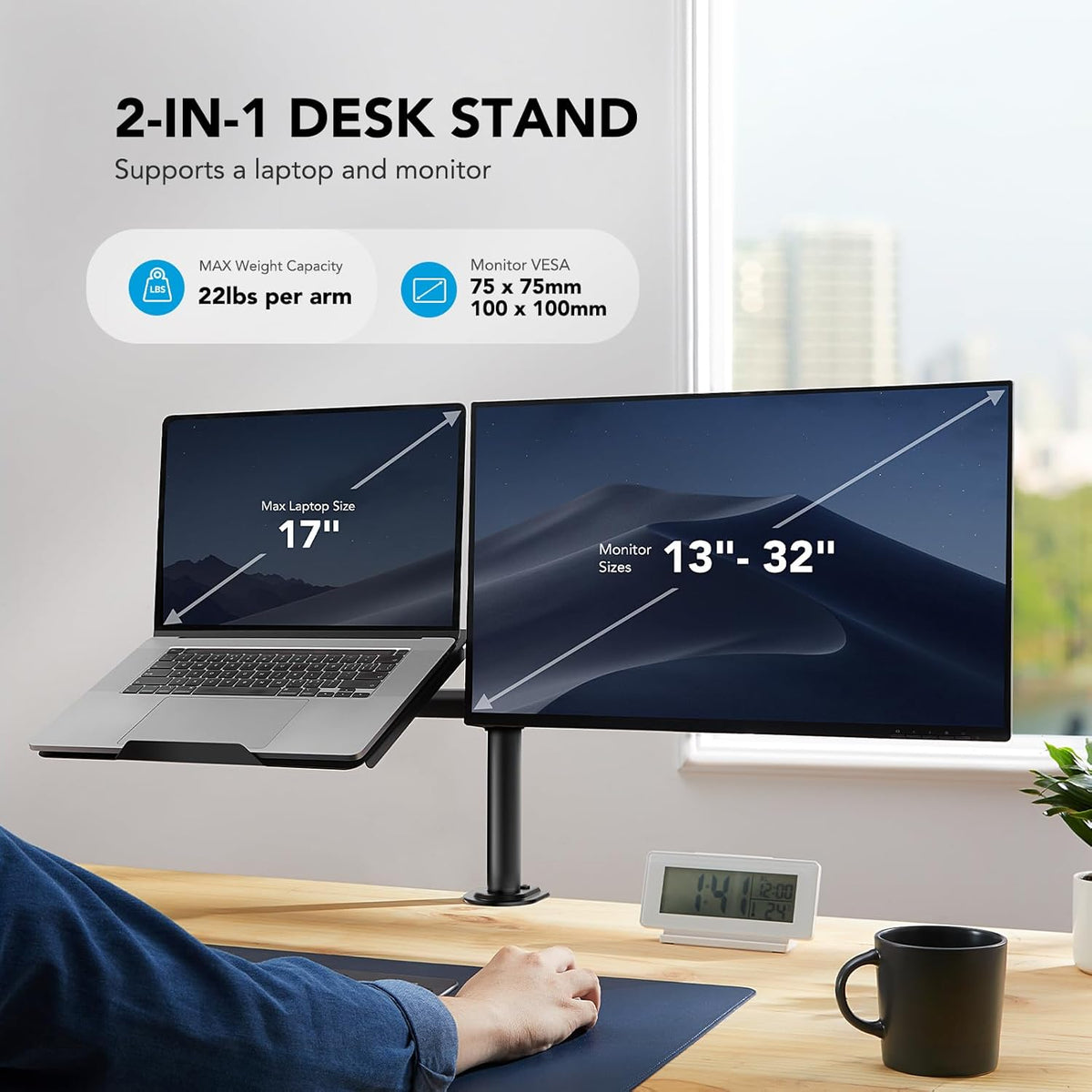 HUANUO Monitor Arm with Laptop Tray, 13–32" Screen & 17" Notebook