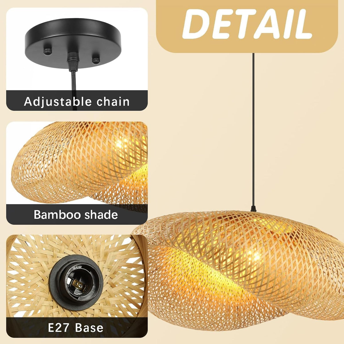 Schindora Bamboo Pendant Light – 40cm Woven Lampshade, E27 Ceiling Fit