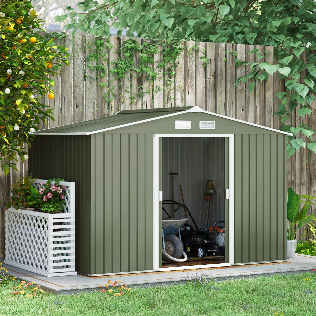 9 x 6FT Garden Metal Storage Shed Tool Box Foundation Vent & Doors  Green