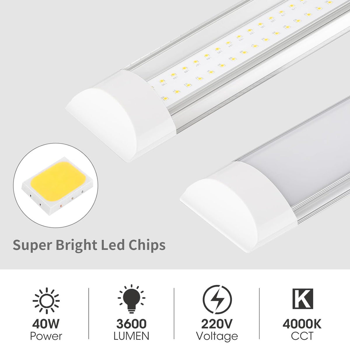 HUMIGA 4FT LED Batten Light 40W Neutral White 4000K Slim Fitting, 2 Pack