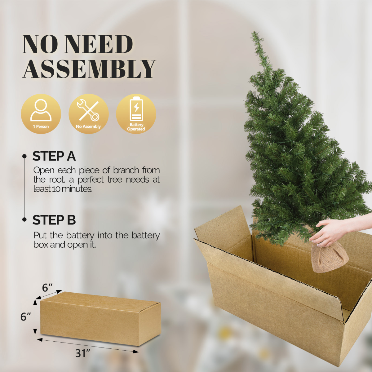 3ft 150 Branches PVC Material Top Stars Linen Base 100 Lights Warm Color 8 Mode Battery Switch Christmas Tree Green