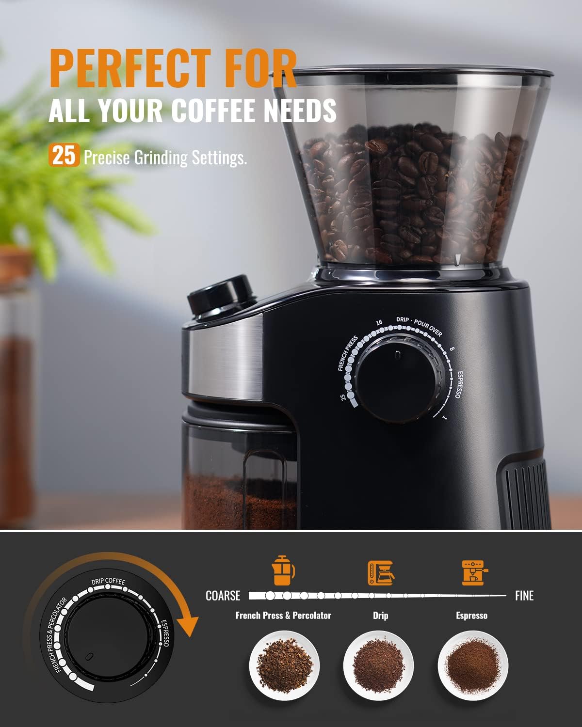 Shardor Coffee Grinder Burr Electric 25 Grind Settings with Digital Timer Black