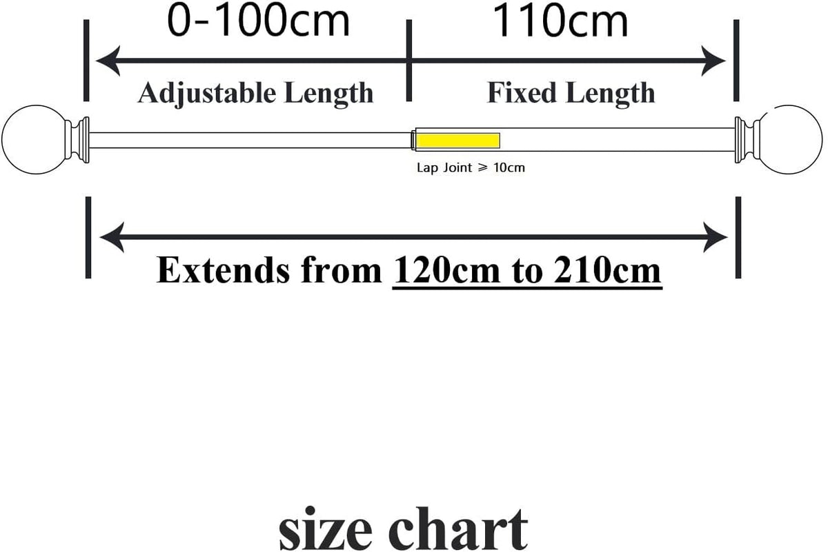 16/19mm Dia 120-210cm Extendable Curtain Pole Set, White, Ball Finials 48-84inch