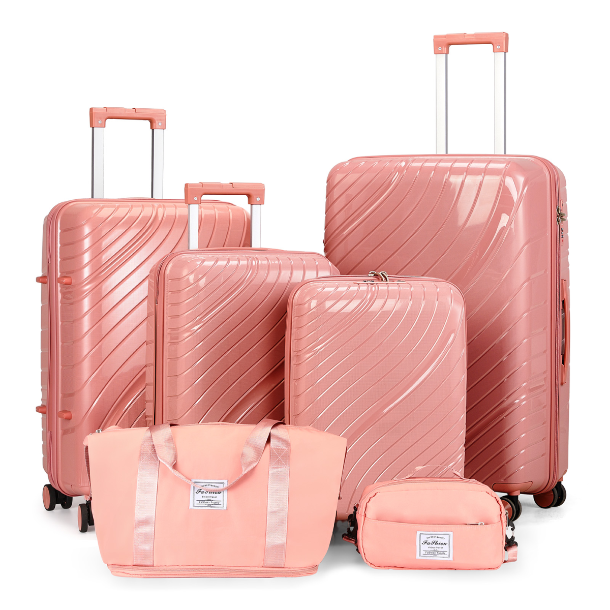 4-Piece Luggage Set with 2-Piece Handbag & 8-Piece Toiletry Kit – Rose Gold PP Suitcase + Beige Travel Accessories